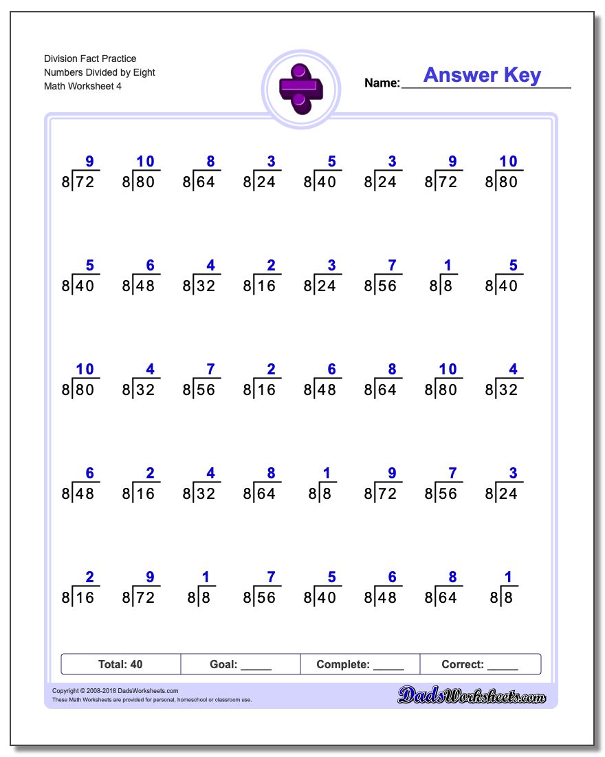 Division Worksheet Fact Practice Numbers Divided by Eight