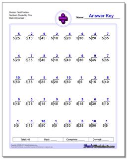 Division Worksheet Fact Practice Numbers Divided by Five