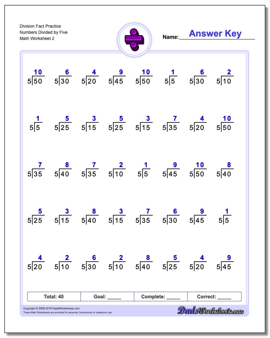 Division Worksheet Fact Practice Numbers Divided by Five www.dadsworksheets.com/worksheets/division.html