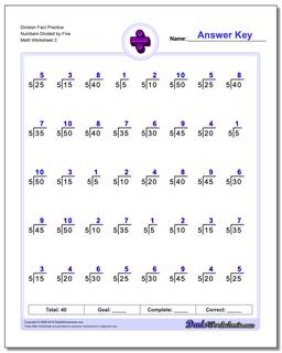 Division Worksheet Fact Practice Numbers Divided by Five