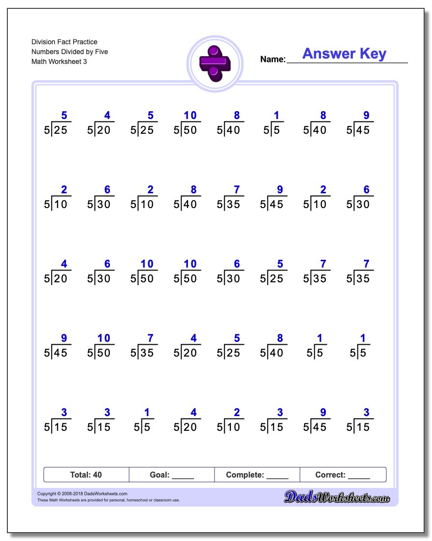 Division Worksheet Fact Practice Numbers Divided by Five