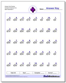 Division Worksheet Fact Practice Numbers Divided by Five