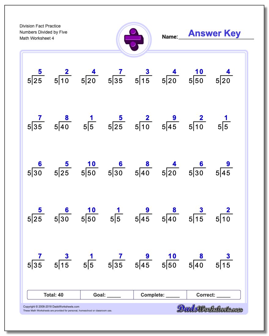 Division Worksheet Fact Practice Numbers Divided by Five