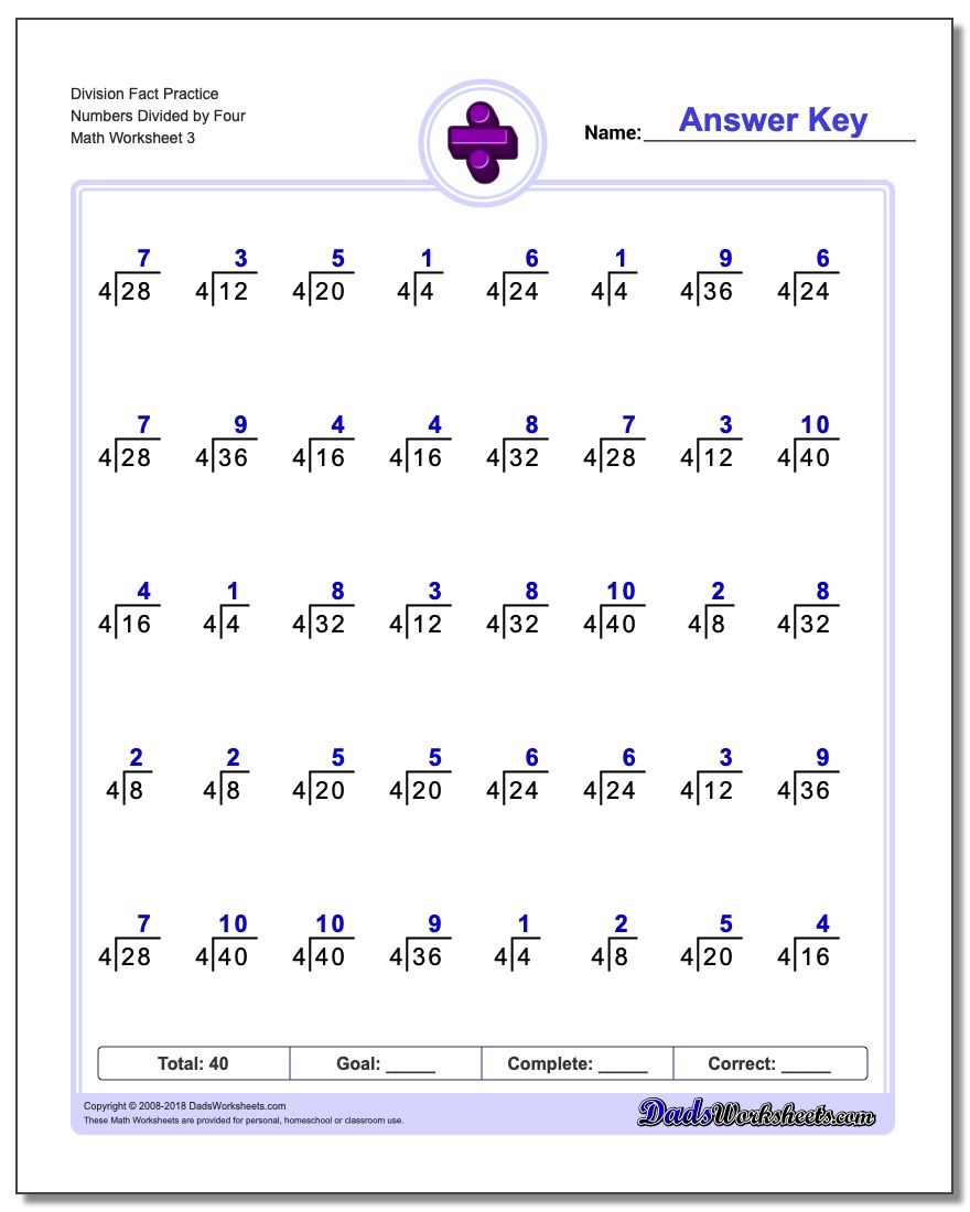 Division Worksheet Fact Practice Numbers Divided by Four