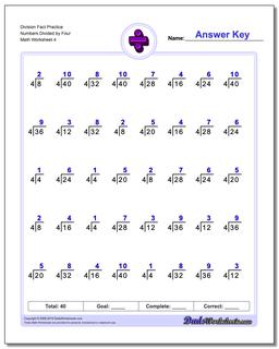 Division Worksheet Fact Practice Numbers Divided by Four