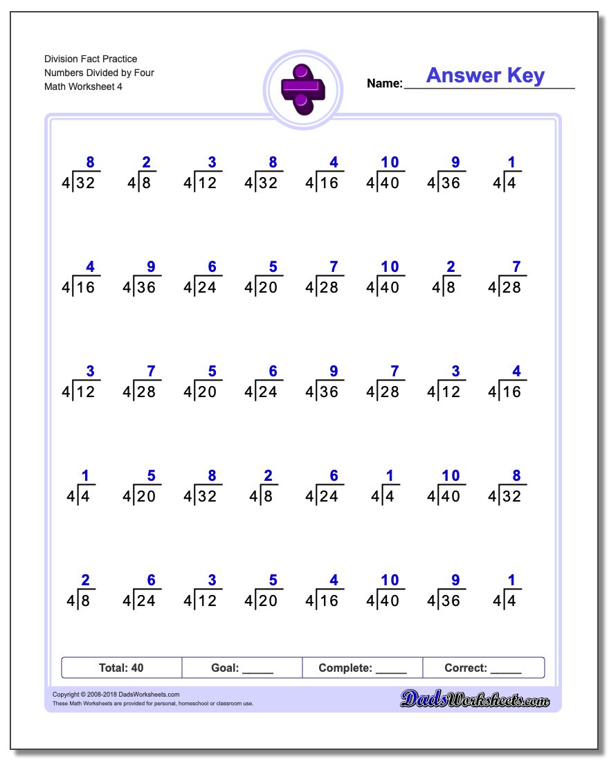 Division Worksheet Fact Practice Numbers Divided by Four