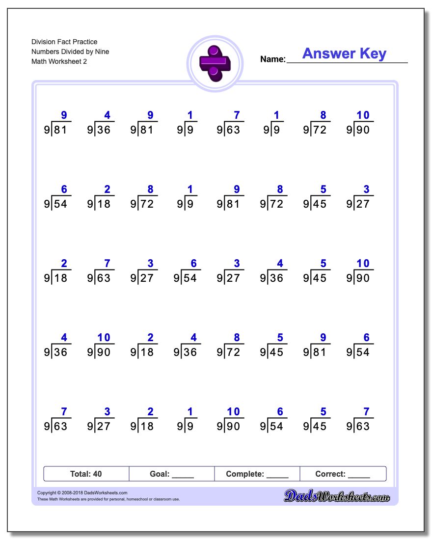 Division Worksheet Fact Practice Numbers Divided by Nine www.dadsworksheets.com/worksheets/division.html
