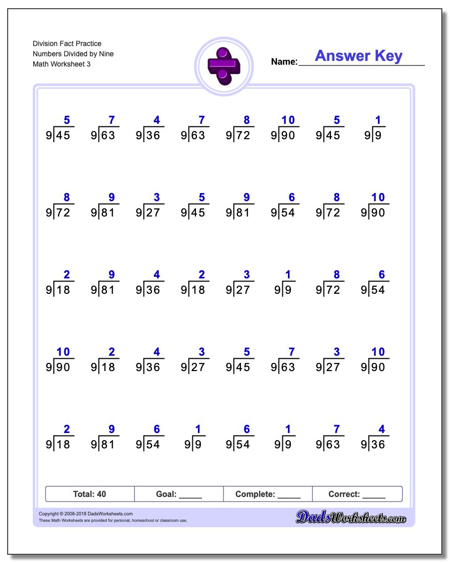 Division Worksheet Fact Practice Numbers Divided by Nine
