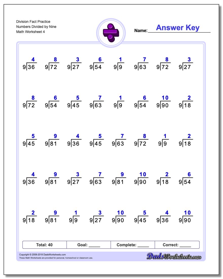 Division Worksheet Fact Practice Numbers Divided by Nine