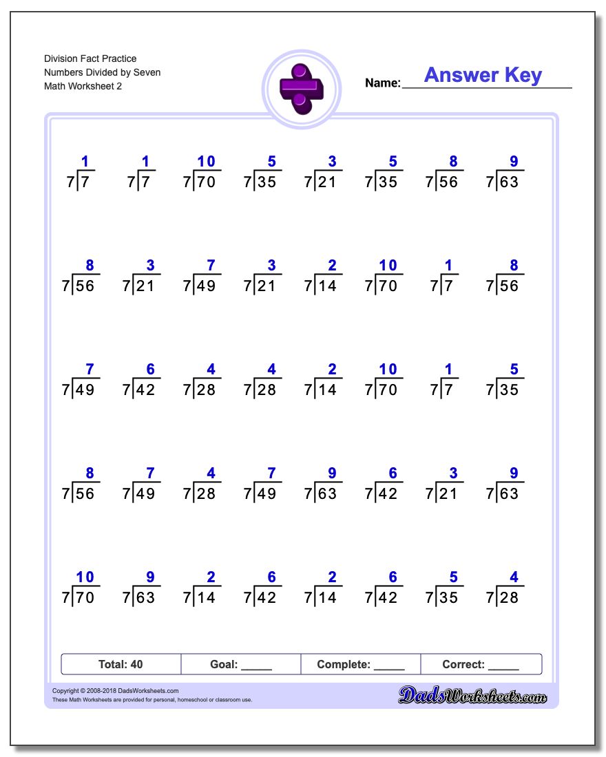 Division Worksheet Fact Practice Numbers Divided by Seven www.dadsworksheets.com/worksheets/division.html