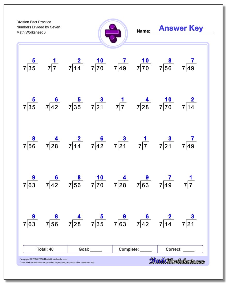 Division Worksheet Fact Practice Numbers Divided by Seven