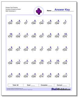 Division Worksheet Fact Practice Numbers Divided by Seven