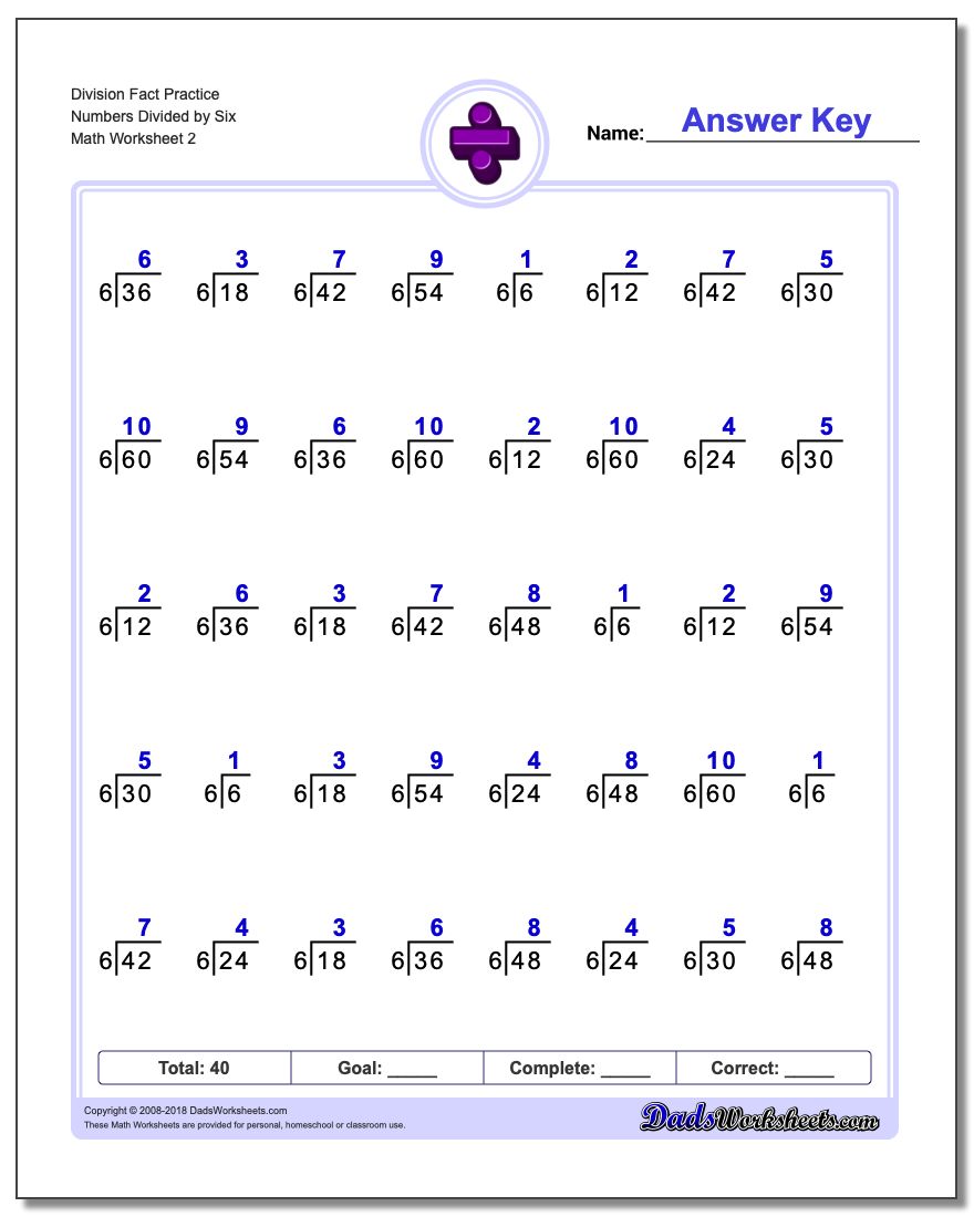 Division Worksheet Fact Practice Numbers Divided by Six www.dadsworksheets.com/worksheets/division.html