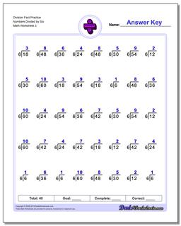 Division Worksheet Fact Practice Numbers Divided by Six