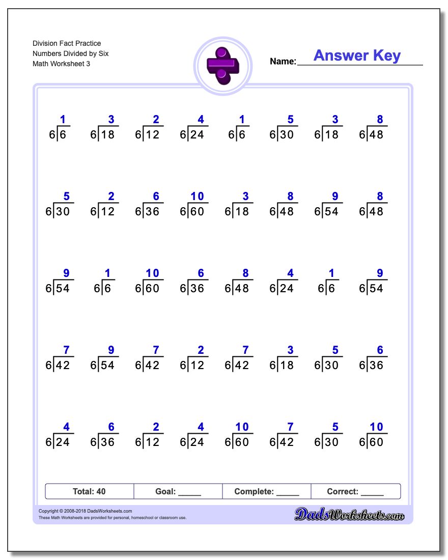 Division Worksheet Fact Practice Numbers Divided by Six