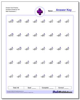 Division Worksheet Fact Practice Numbers Divided by Ten