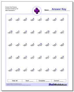 Division Worksheet Fact Practice Numbers Divided by Ten