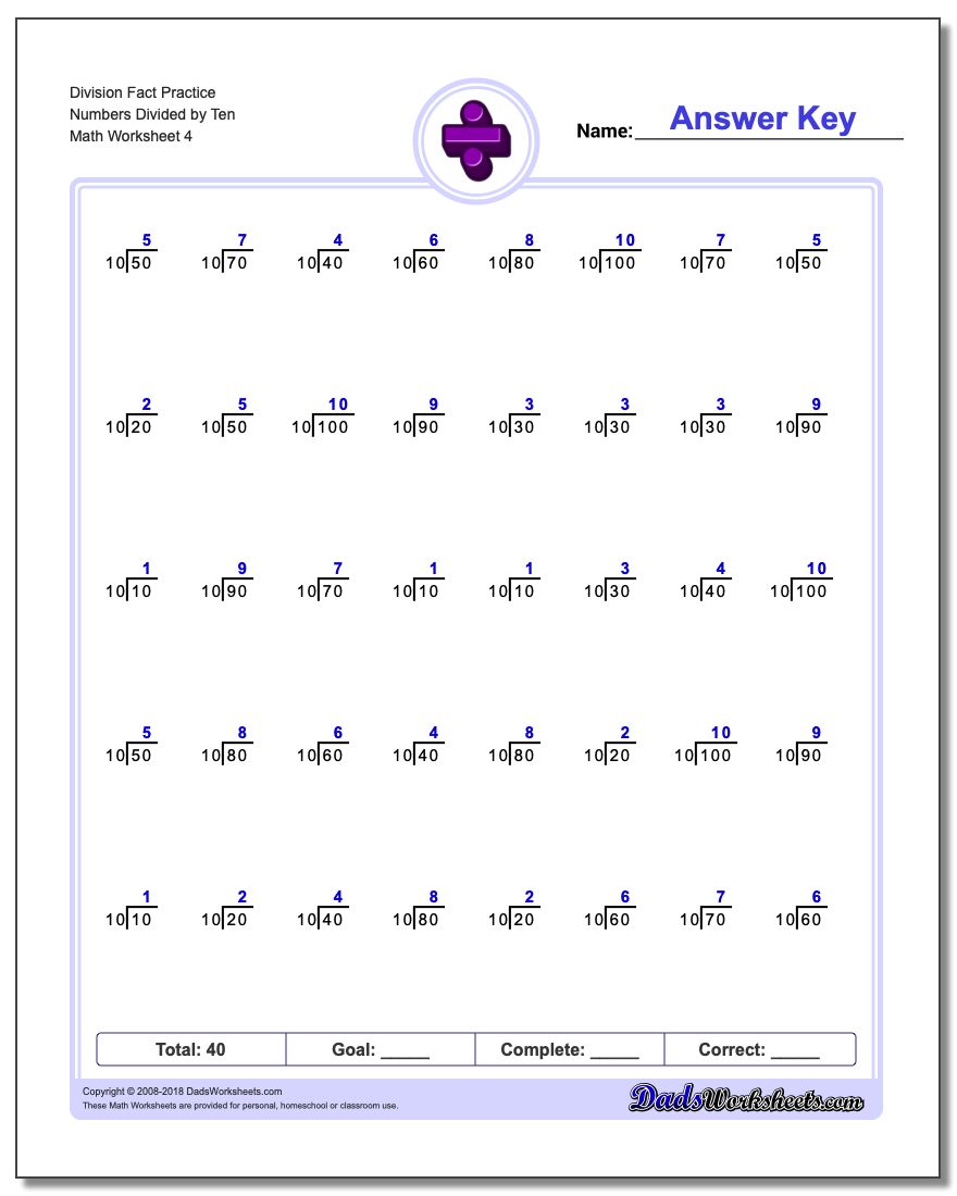 Division Worksheet Fact Practice Numbers Divided by Ten