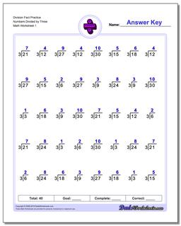 Division Worksheet Fact Practice Numbers Divided by Three
