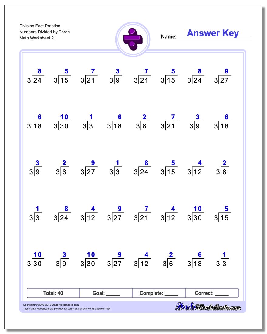 Division Worksheet Fact Practice Numbers Divided by Three www.dadsworksheets.com/worksheets/division.html