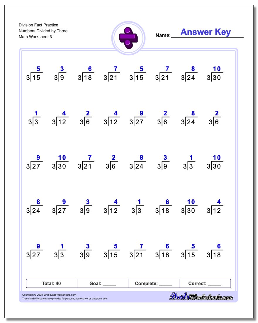 Division Worksheet Fact Practice Numbers Divided by Three