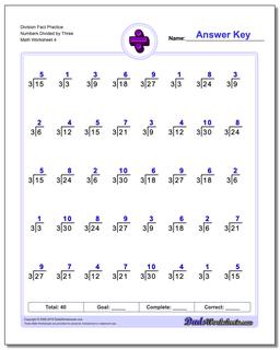 Division Worksheet Fact Practice Numbers Divided by Three