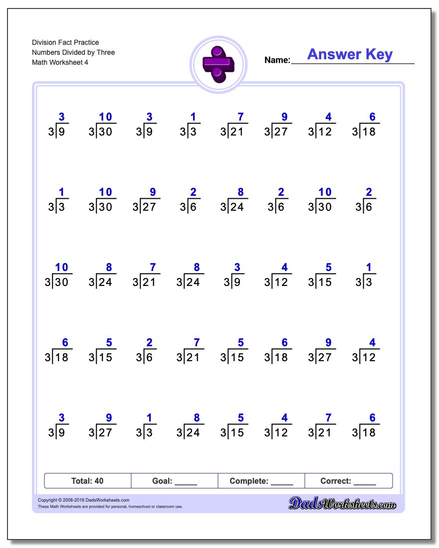 Division Worksheet Fact Practice Numbers Divided by Three