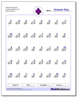 Division Worksheet Fact Practice Numbers Divided by Two