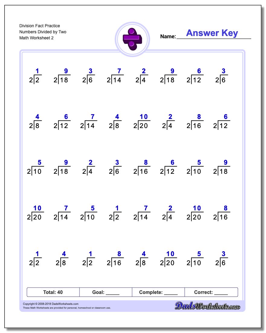 Division Worksheet Fact Practice Numbers Divided by Two www.dadsworksheets.com/worksheets/division.html