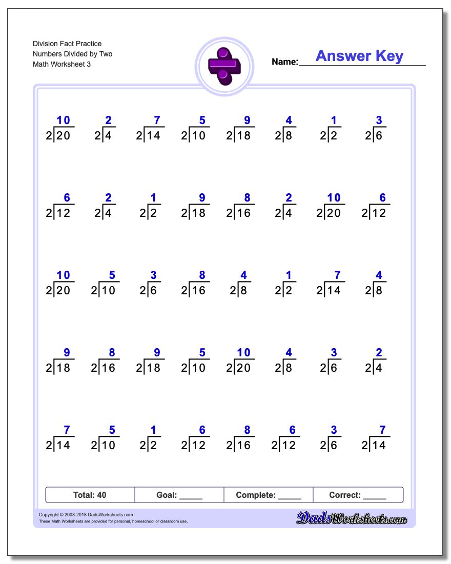 Division Worksheet Fact Practice Numbers Divided by Two
