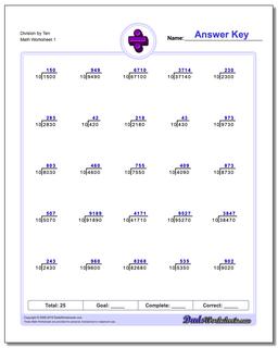 Division Worksheet by Ten