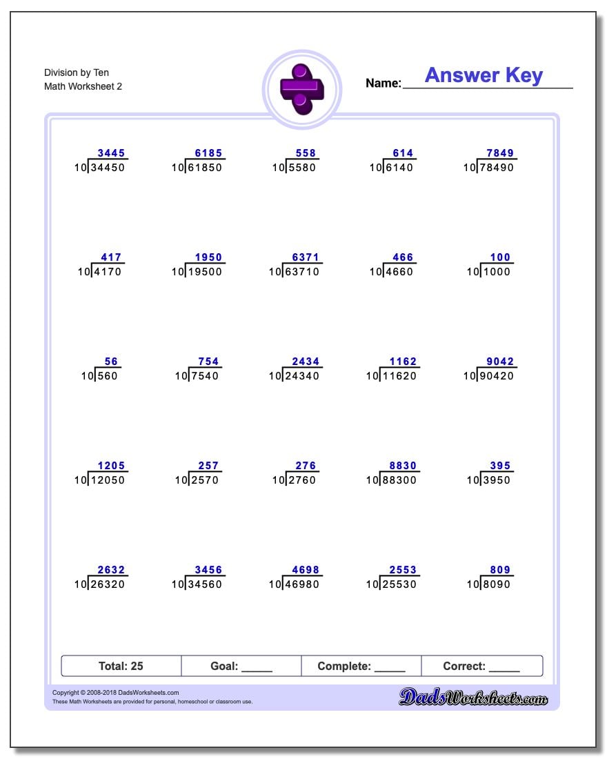 Division Worksheet by Ten www.dadsworksheets.com/worksheets/division.html