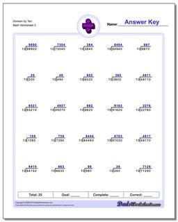 Division Worksheet by Ten