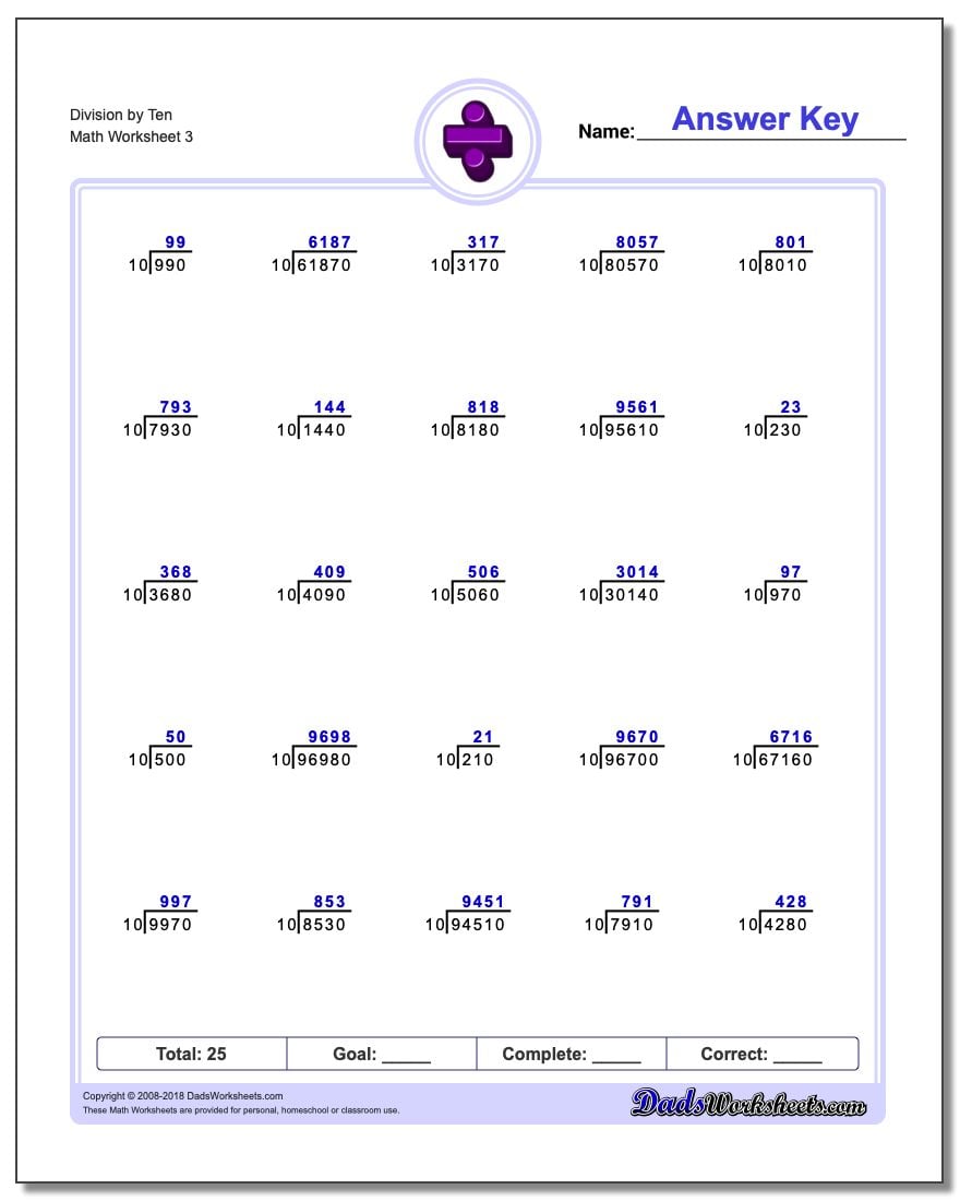 Division Worksheet by Ten