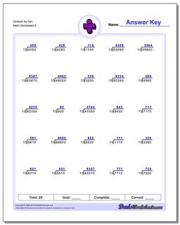 Division Worksheet by Ten