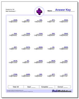 Division Worksheet by 100