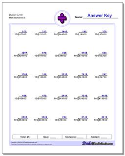 Division Worksheet by 100