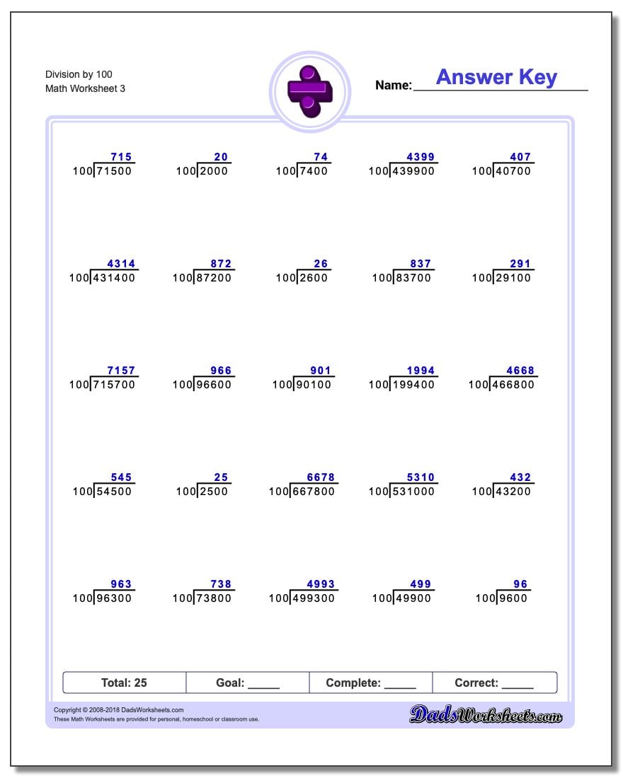 Division Worksheet by 100