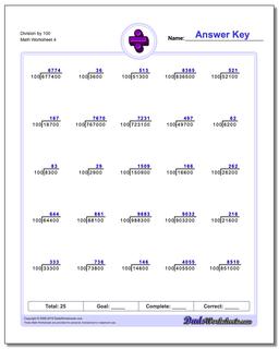 Division Worksheet by 100