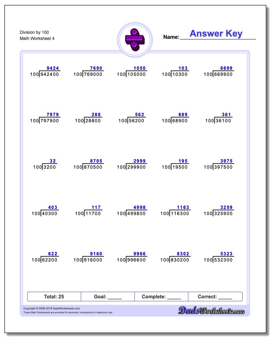 Division Worksheet by 100