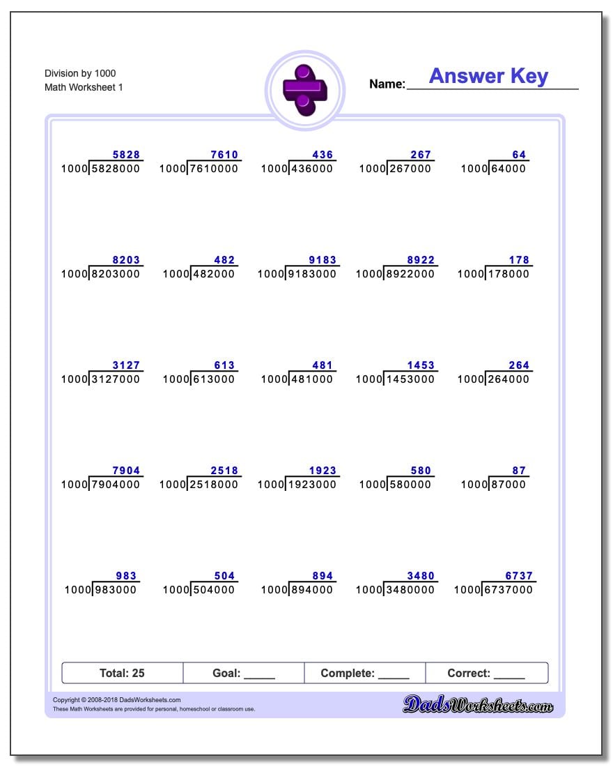 Division Worksheet by 1000