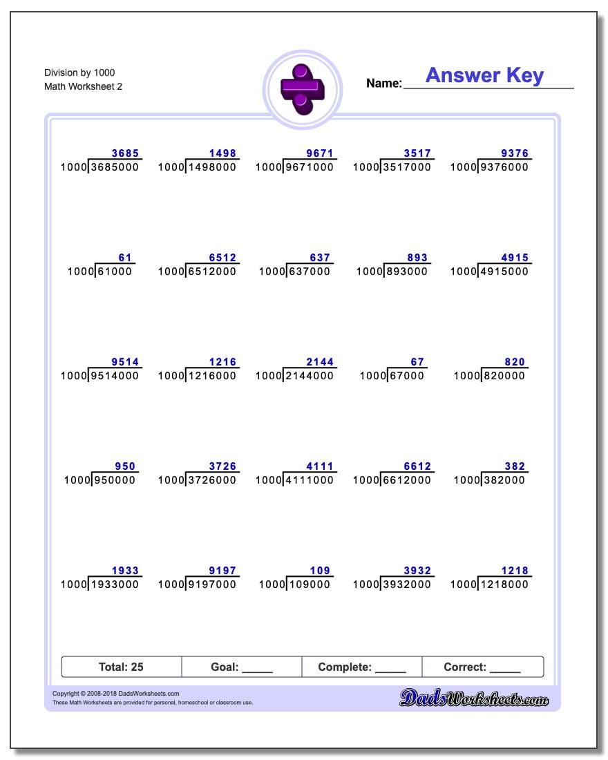 Division Worksheet by 1000 www.dadsworksheets.com/worksheets/division.html