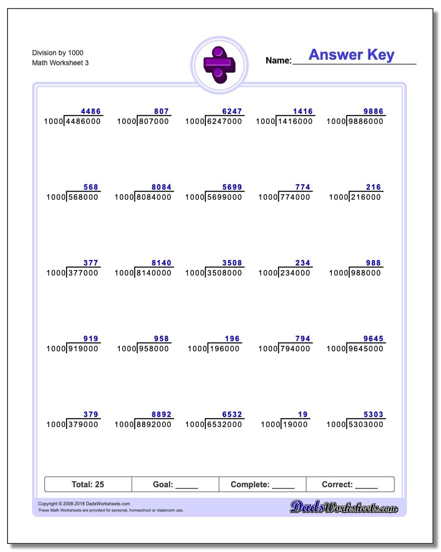 Division Worksheet by 1000