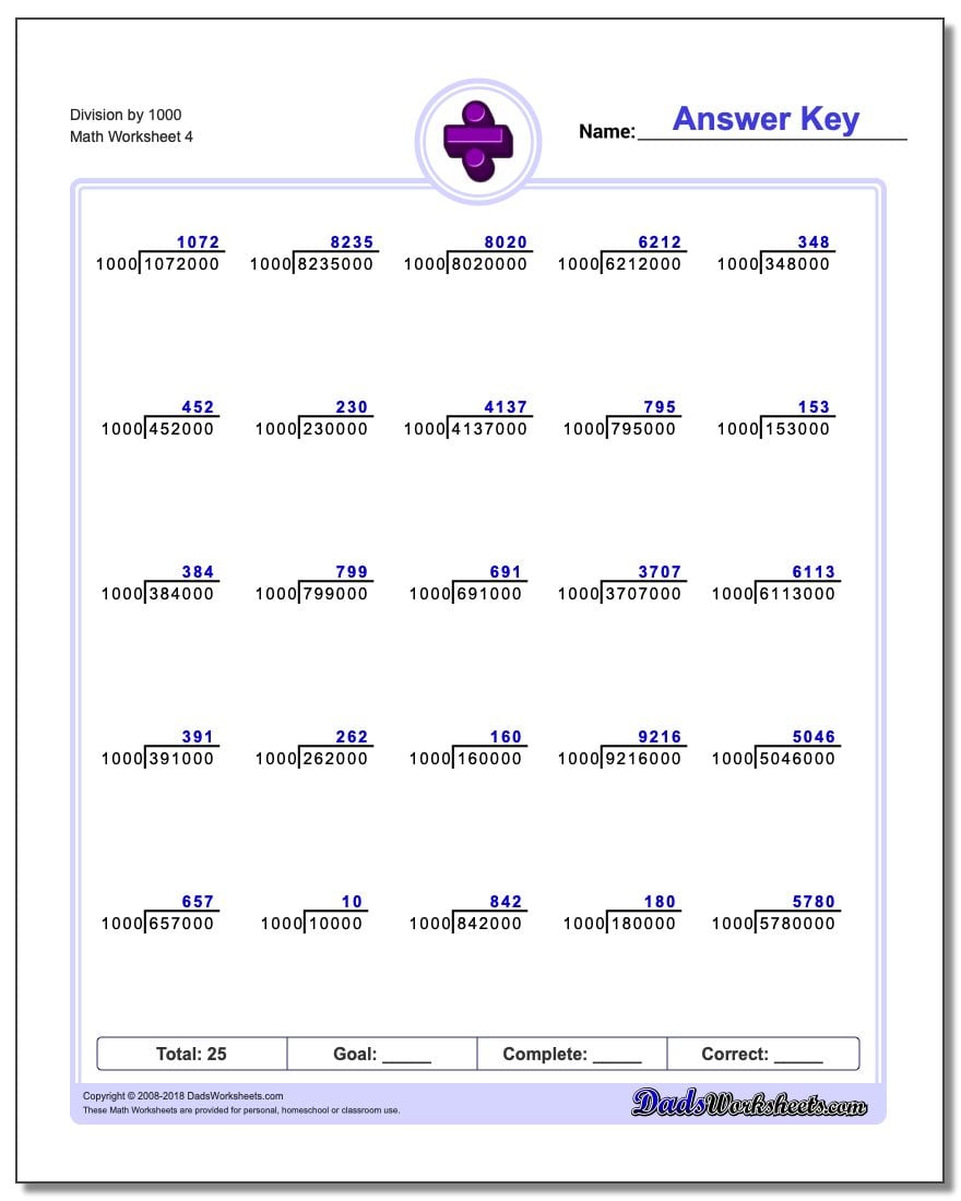 Division Worksheet by 1000