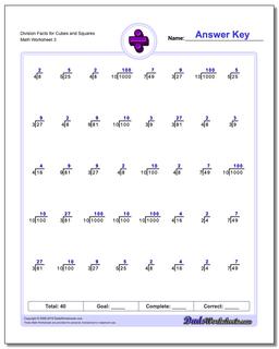 Division Worksheet Facts for Cubes and Squares
