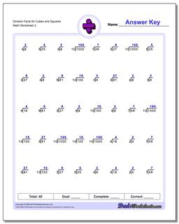 Division Worksheet Facts for Cubes and Squares