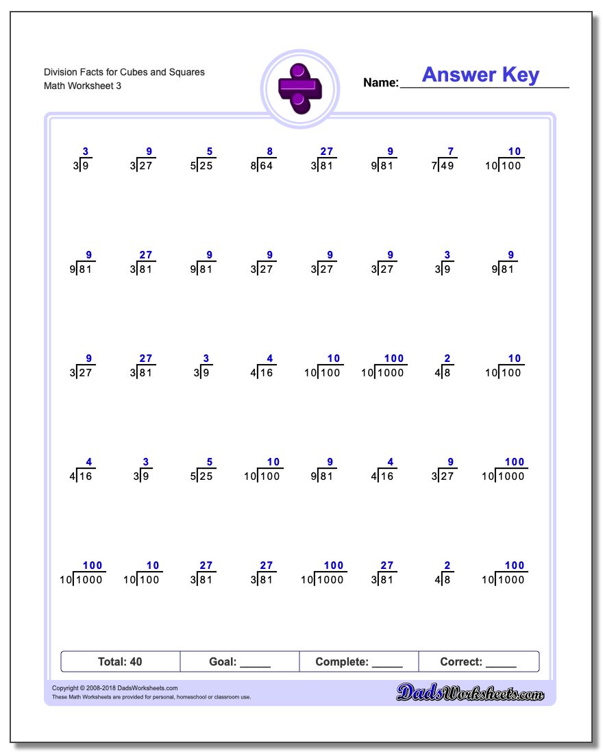 Division Worksheet Facts for Cubes and Squares