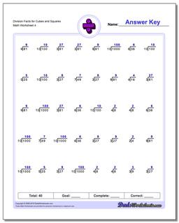 Division Worksheet Facts for Cubes and Squares