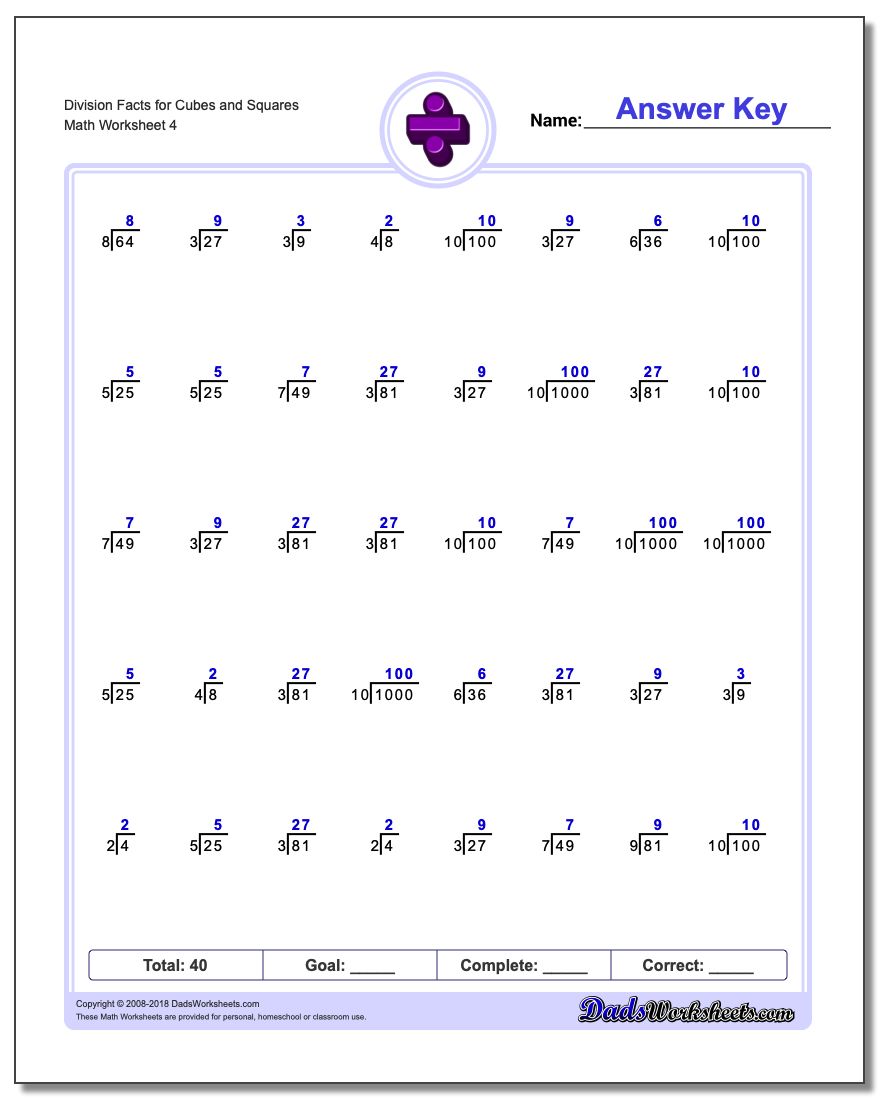 Division Worksheet Facts for Cubes and Squares
