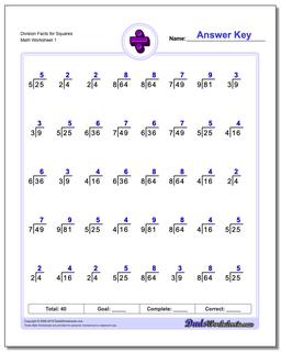 Division Worksheet Facts for Squares